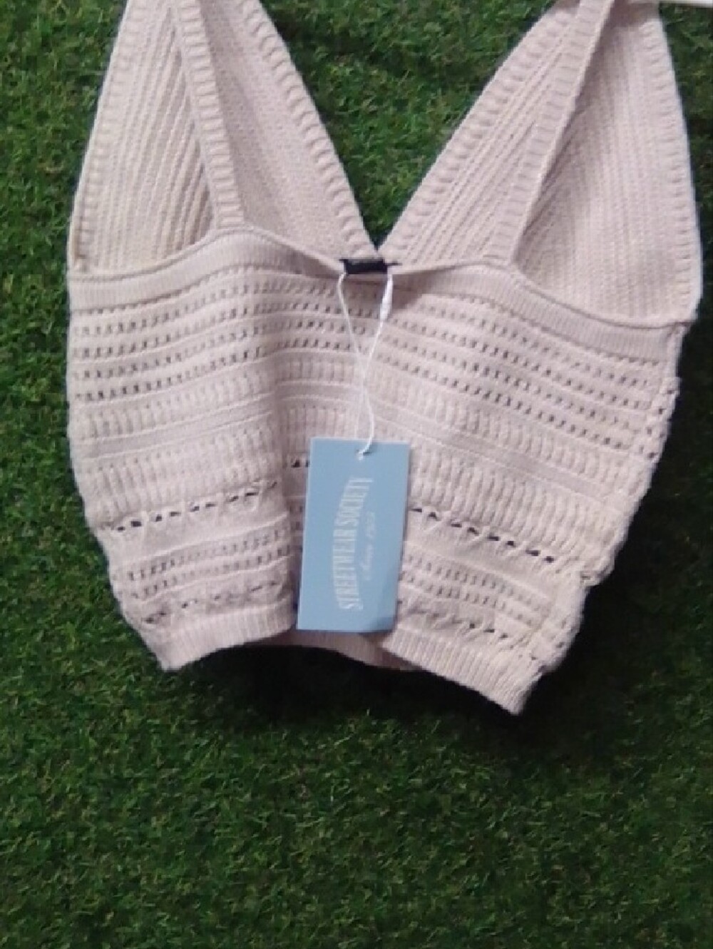 Streetwear Society Light Beige Crochet Ribbed V-Neck Crop Top - Picture 3 of 3